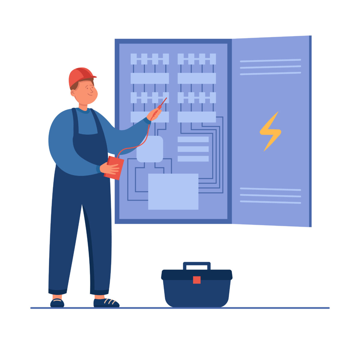 Cartoon electrician working with electric cabinet